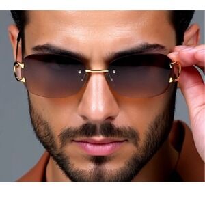 Men Sunglasses Brown Lens UV400 Gold Accents Frameless Street Trendy Wear Lentes